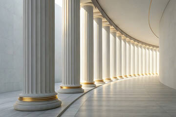 An ancient Greek colonnade features a row of classical marble pillars and intricate architectural detail to provide structural support for this historic Roman government building