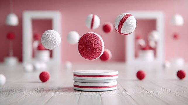 Floating Red and White Sphere on Wooden Platform