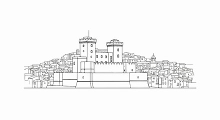 Fototapeta premium Castle with surrounding buildings on a hill, line drawing