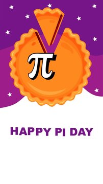 Happy Pi Day background featuring pie with pi symbol and sliced piece on purple backdrop. Perfect for March 14 math celebration, STEM events, classroom activities and education content.