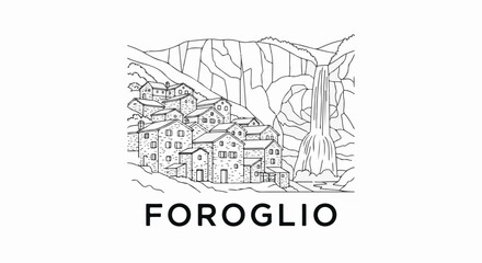 Obraz premium Charming stone village nestled by a cascading waterfall in the mountains