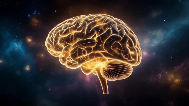 Glowing human brain digital illustration with neural network concept in space background for science and technology