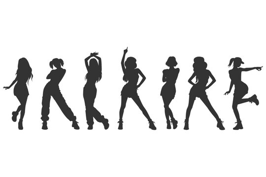Set monochrome silhouette kpop idol singing and dancing on stage. Modern pop music entertainers shown in expressive poses and dynamic movements. Flat vector artwork female singer, rapper, dancer.