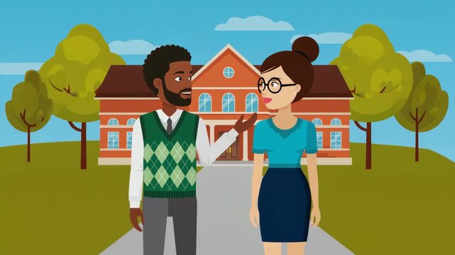 Diverse Students Talking on University Campus Animation Loop in Cartoon Style