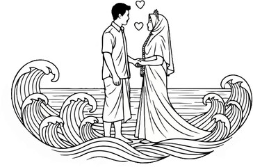 Obraz premium Couple holding hands on waves with hearts floating above
