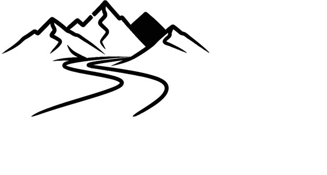 Black ink drawing of majestic mountains and a winding river