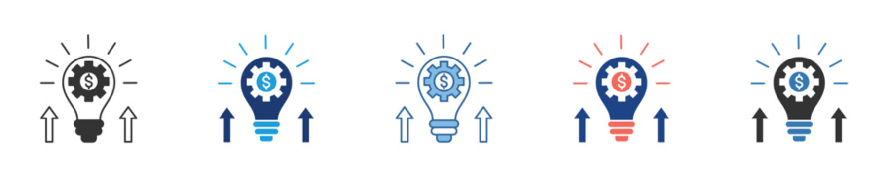 Vector icon set illustrating the concept of business innovation, creative development, and strategic solution generation for successful project implementation