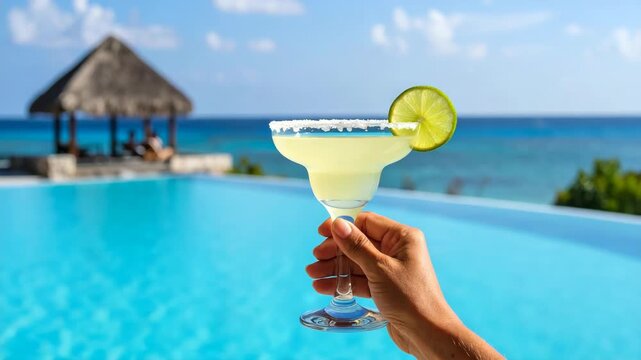 Hand holding refreshing lime margarita cocktail with salt rim beside infinity pool and ocean gazebo