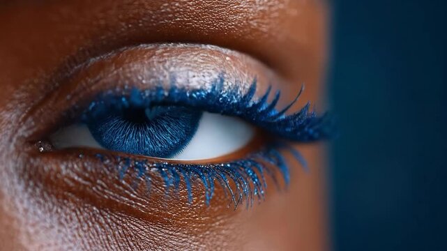 Extreme close-up of a human eye with vibrant blue iris and matching blue mascara. The macro shot highlights detailed skin texture and shimmering, intense colored lashes.