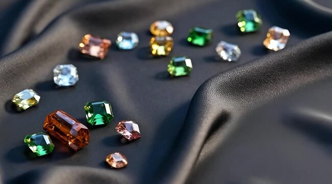 Close up short of colourful diamonds/Stones on black Sheet.