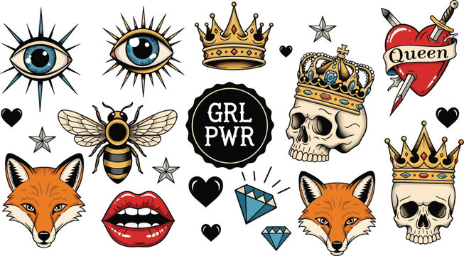 Collection of vintage old school tattoo flash vectors featuring crowned skulls fox heads mystical eyes a honey bee red lips and girl power badges.