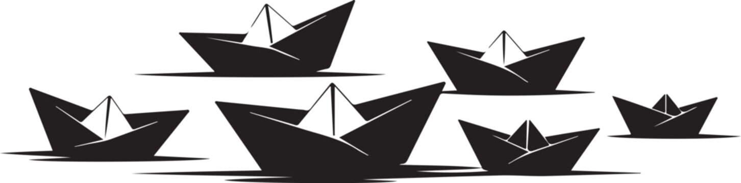 Black paper boats floating on calm water surface illustration