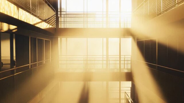 Golden sunbeams pierce a tall contemporary atrium, filling the multistory interior with warm, hazy light and a bright, airy atmosphere of modern architectural calm