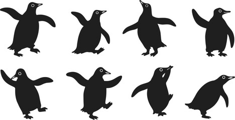 Penguin silhouette illustration set, dancing bird artwork, arctic animal vector design, playful wildlife graphic pack, cold climate symbol collection, sketch © Rima Khatun