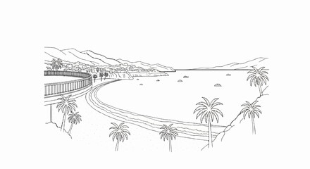 Coastal scene with palm trees, beach, bay, buildings, and distant hills