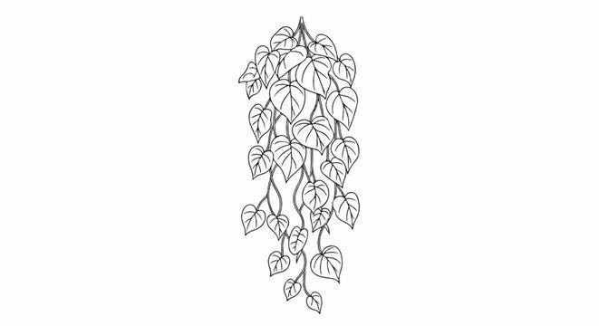 Delicate black and white sketch of a trailing vine with heart-shaped leaves
