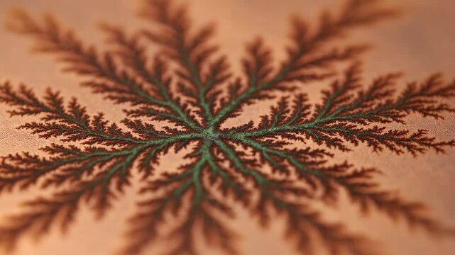 Captivating time-lapse of a fractal dendrite forming on a metallic surface, showcasing complex natural patterns.