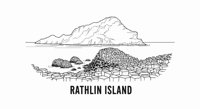 Black and white line drawing of hexagonal rock formations on a coast with an island in background