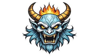 A blue demon head with horns and flames