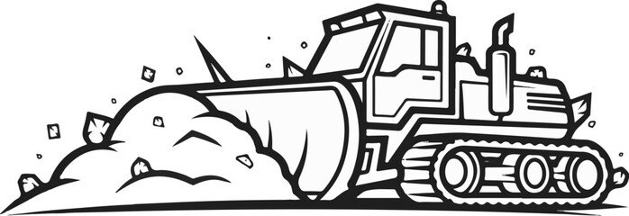 Bulldozer with wide blade pushes pile of earth and rocks