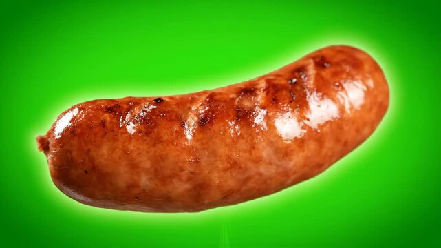 A perfectly cooked and appetizing grilled sausage rotates slowly against a vivid green screen background. Ideal for food commercials, cooking shows, and culinary projects