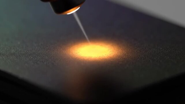 Close up of a powerful laser beam precisely hitting and interacting with a dark industrial material surface