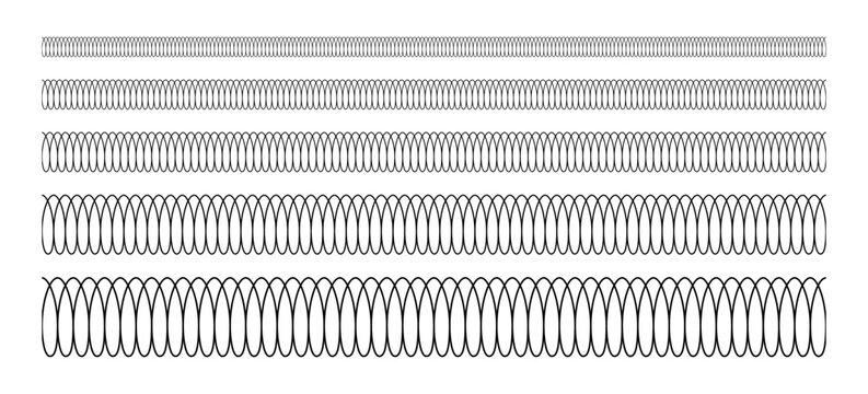 Spiral spring line set. Metal wire coil spring icon collection. Thin zigzag waves symbol. Flexible coil shapes. Loop line seamless pattern. Vector illustration isolated on white background. 