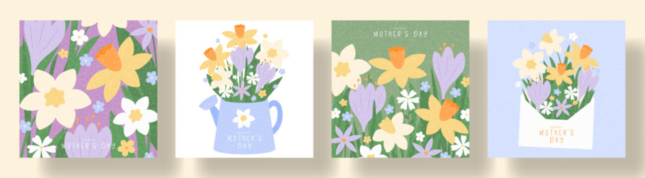 Trendy Happy Mother's Day cards. Aesthetic floral backgrounds with spring wildflowers blooming flowers crocuses, daisies, narcissus. Nature-inspired vector banners for cover, branding, holiday design.