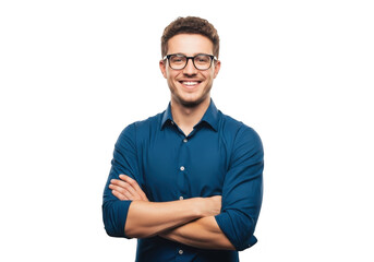 Obraz premium Young man with glasses and arms crossed standing on isolated transparent background