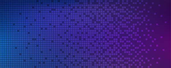 Neon AI pixel fade gradient bg. Blue and purple gradient background. Abstract digital pattern with dot elements grid. Vibrant cyber futuristic texture. Modern vector illustration.
