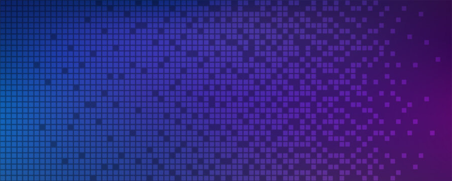 Neon AI pixel fade gradient bg. Blue and purple gradient background. Abstract digital pattern with dot elements grid. Vibrant cyber futuristic texture. Modern vector illustration.