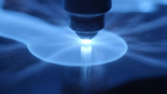 Close-up of a modern industrial machine creating a glowing blue plasma stream on a dark surface, showcasing advanced technology and precision manufacturing.