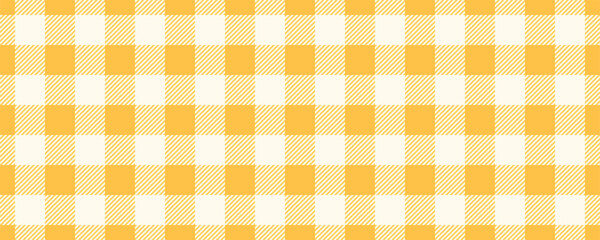 Yellow gingham fabric seamless pattern. Cute check plaid. Summer picnic kitchen tablecloth texture. Gingham square vintage texture. Vector illustration isolated on white background.