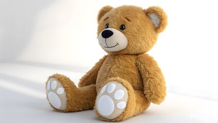 Obraz premium Adorable Teddy Bear Sitting Soft Golden Brown Fur Plush Toy, Studio White Background, Cute Childhood