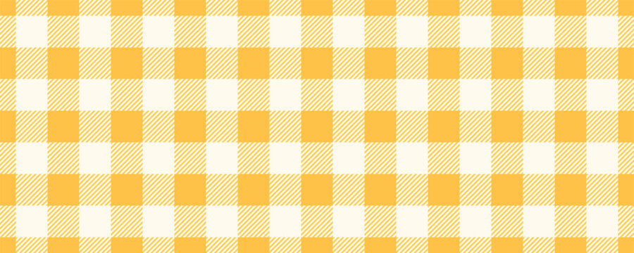 Yellow gingham fabric seamless pattern. Cute check plaid. Summer picnic kitchen tablecloth texture. Gingham square vintage texture. Vector illustration isolated on white background.