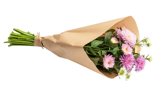 A beautiful bouquet of assorted flowers wrapped in brown paper, perfect for gifting or decoration.