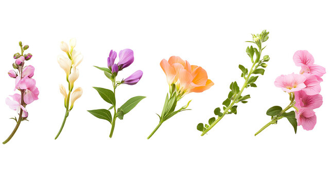 A variety of colorful flowers arranged beautifully, showcasing nature's vibrant palette on a white isolated background.