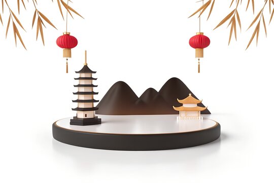 A miniature three dimensional representation featuring traditional asian architecture like a tall pagoda and small temple displayed upon a circular podium with hanging red lanterns and golden bamboo l