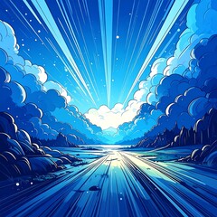 Blue landscape with shining light rays piercing fluffy clouds, water reflection, and distant trees