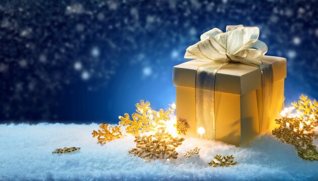 Boite Cadeau Jaune Illuminee De Blanc Centree Sur L Image Isolee Sur Un Lit De Neige Entoure De Flocons Et Paillettes Dores Fond Bleu Nuit Invitation Aux Fetes De Fin D Annee Noel Carte Cadeau