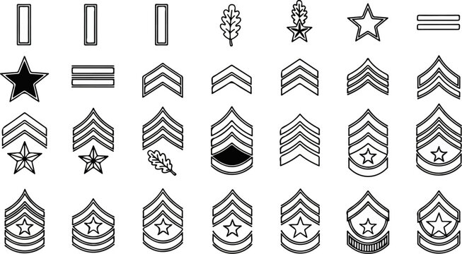 Collection of military rank insignia with stars, chevrons, oak leaves, and bars