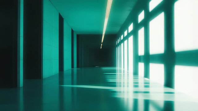 Empty futuristic corridor displaying modern architectural design with a glowing light fixture, and windows casting shadows across the brightly lit floor, creating a sense of clean minimalism