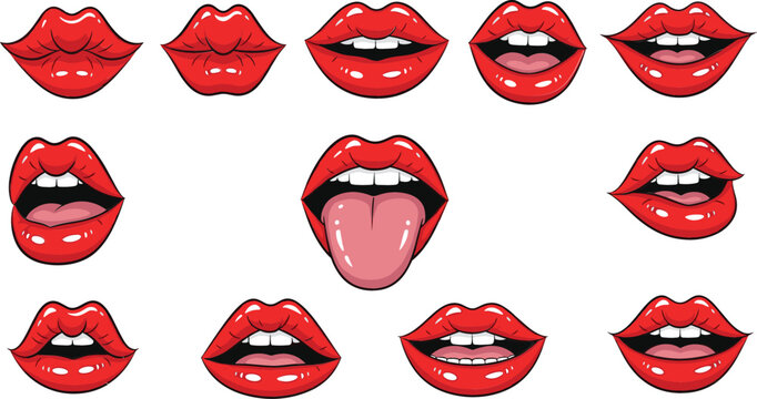 Set of sexy red lips in various expressions and mouth shapes including smiling laughing talking and sticking out tongue in pop art vector style.