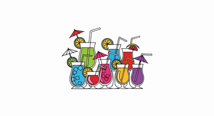 Fototapeta premium Colorful assortment of refreshing tropical cocktails with ice, fruit slices, and garnishes
