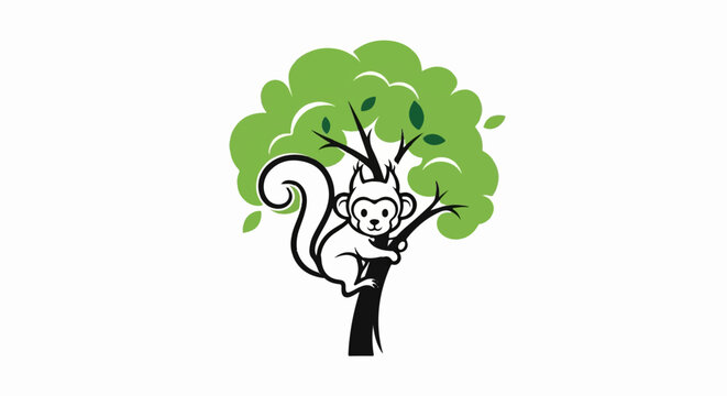 Cartoon monkey climbing a green leafy tree branch