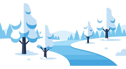 A serene winter landscape featuring snow covered trees and a winding river ideal for designs on transparent background silhouette high quality professional © mrvect02