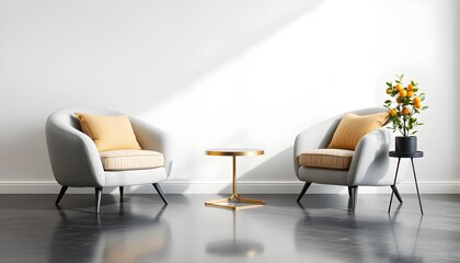 Two modern chairs with pillows and a small table are in a bright room with a vase of flowers on a side table indoors.