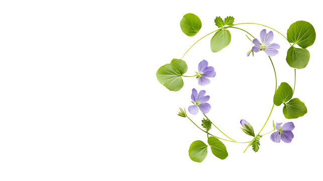Vibrant floral wreath showcasing delicate purple violets and green leaves, ideal for nature-themed designs.