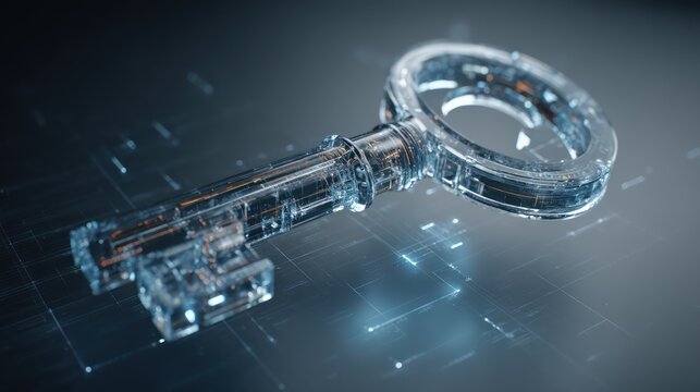 A crystal-clear holographic key rotating above a data grid symbolizing encryption algorithms and secure access protocols Subtle ambient