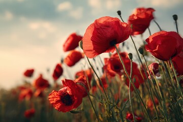 Naklejka premium Bright red poppies grow in a vast field as the sun sets, casting warm light. The flowers sway gently in the breeze, showing their beauty and fullness in the soft evening glow